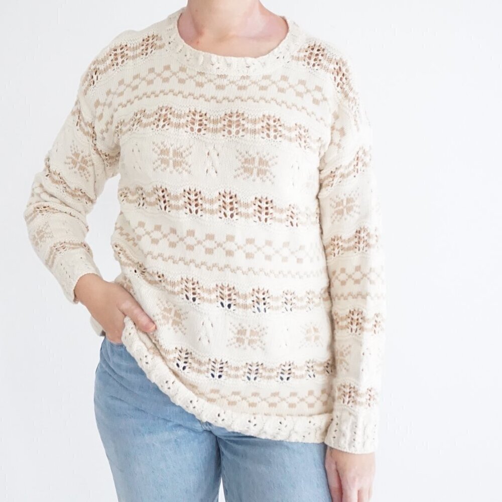 Vintage Liz Sport Cream Tan Knit Grandmacore 100% Cotton Crewneck Sweater M